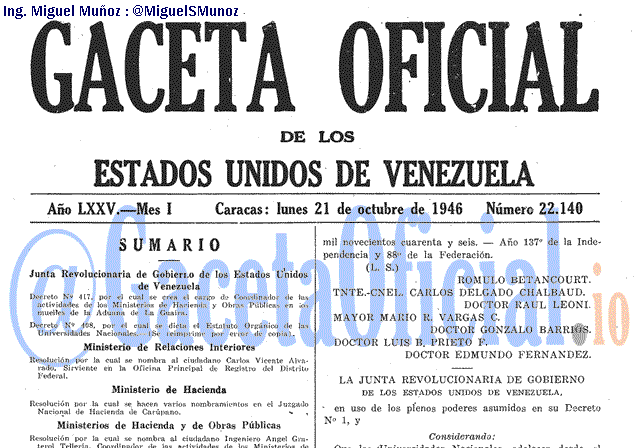 Gaceta Oficial 22140 del 21 Octubre 1946