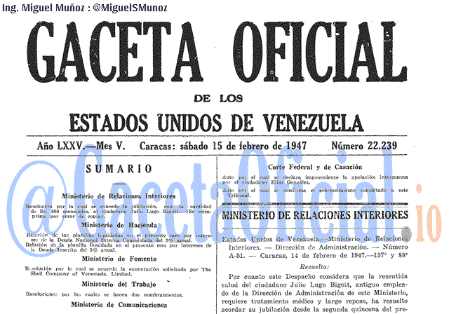 Gaceta Oficial 22239 del 15 Febrero 1947