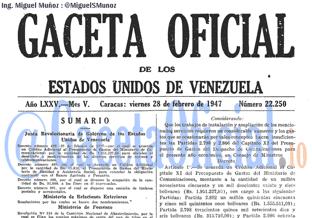 Gaceta Oficial 22250 del 28 Febrero 1947