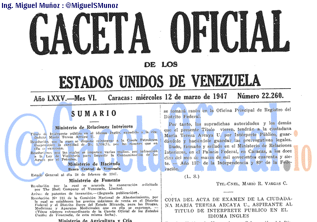 Gaceta Oficial 22260 del 12 Marzo 1947