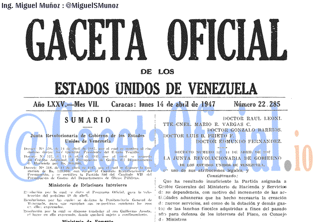 Gaceta Oficial 22285 del 14 Abril 1947