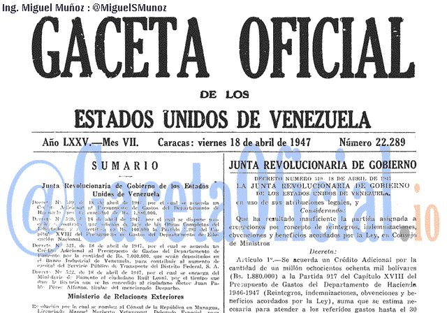 Gaceta Oficial 22289 del 18 Abril 1947