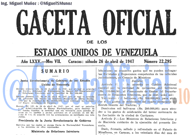 Gaceta Oficial 22295 del 26 Abril 1947