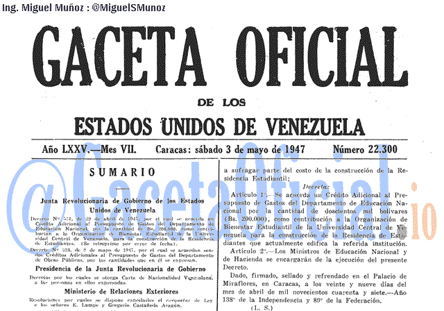 Gaceta Oficial 22300 del 3 Mayo 1947