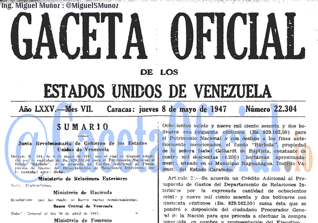 Gaceta Oficial 22304 del 8 Mayo 1947