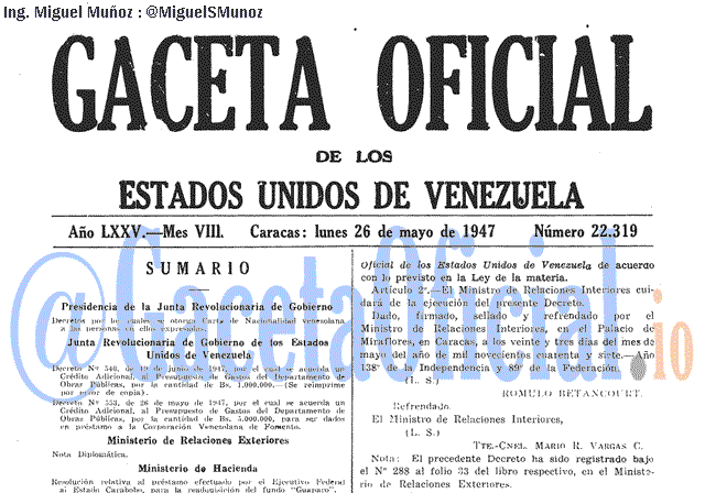Gaceta Oficial 22319 del 26 Mayo 1947