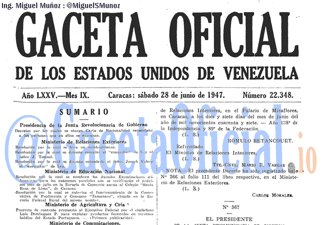 Gaceta Oficial 22348 del 28 Junio 1947