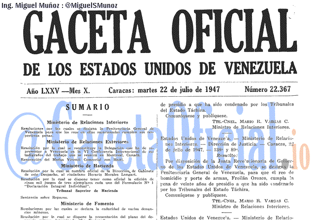Gaceta Oficial 22367 del 22 Julio 1947