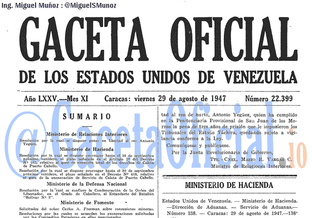 Gaceta Oficial 22399 del 29 Agosto 1947