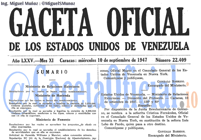 Gaceta Oficial 22409 del 10 Septiembre 1947