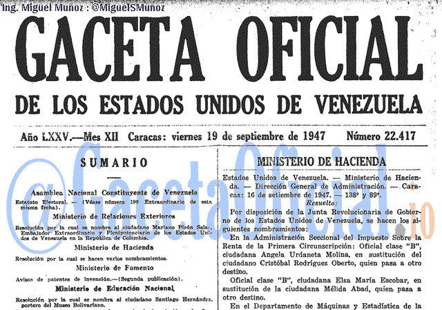Gaceta Oficial 22417 del 19 Septiembre 1947