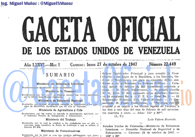 Gaceta Oficial 22449 del 27 Octubre 1947