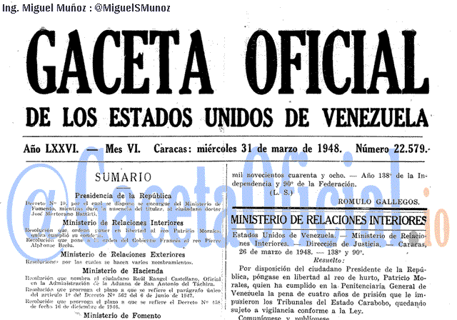 Gaceta Oficial 22579 del 31 Marzo 1948
