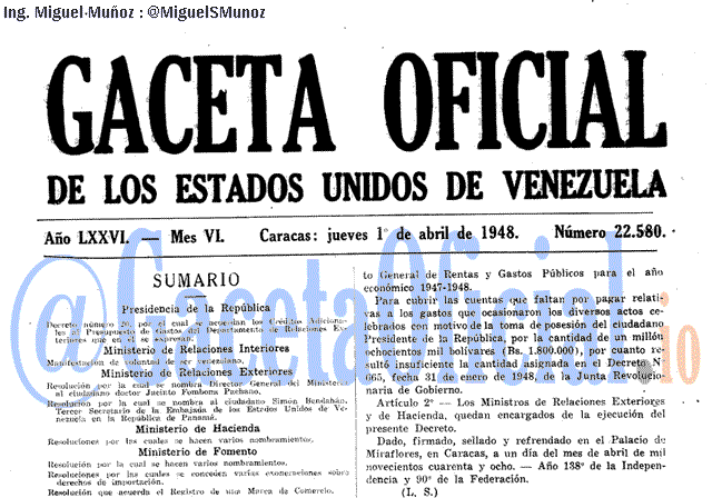 Gaceta Oficial 22580 del 1 Abril 1948