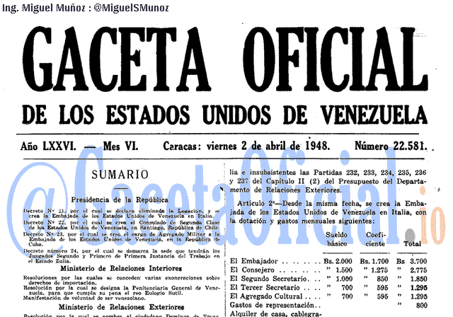 Gaceta Oficial 22581 del 2 Abril 1948