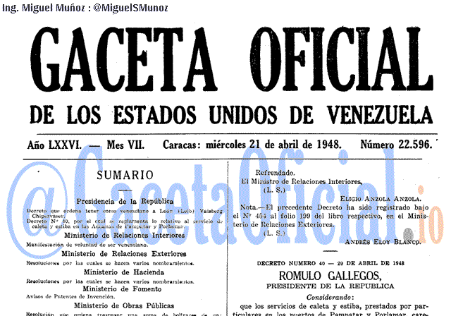 Gaceta Oficial 22596 del 21 Abril 1948