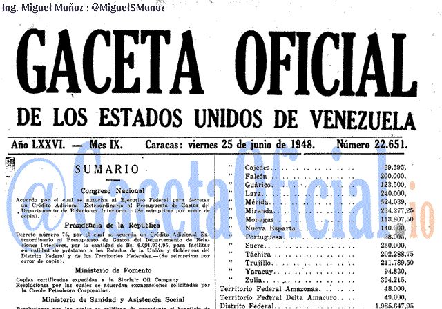 Gaceta Oficial 22651 del 25 Junio 1948