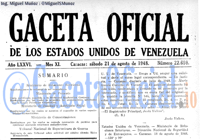 Gaceta Oficial 22698 del 21 Agosto 1948
