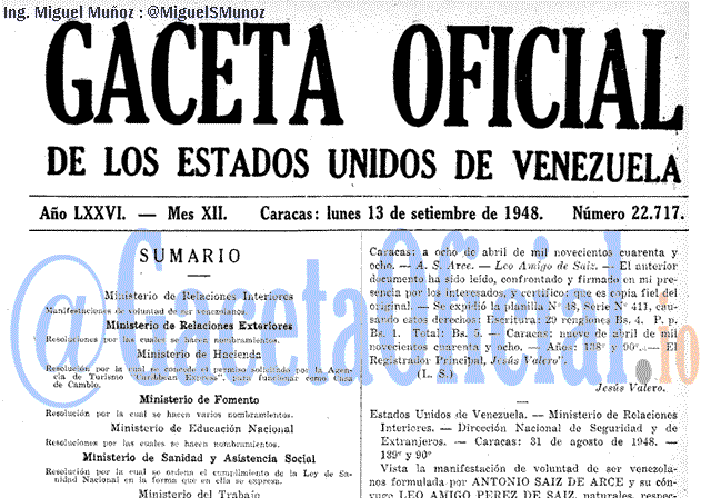 Gaceta Oficial 22717 del 13 Septiembre 1948