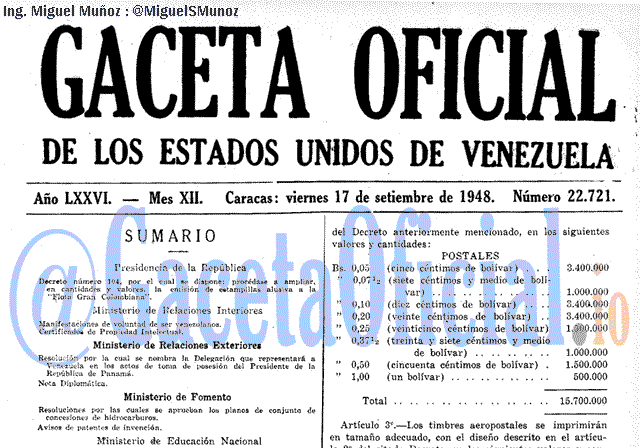 Gaceta Oficial 22721 del 17 Septiembre 1948