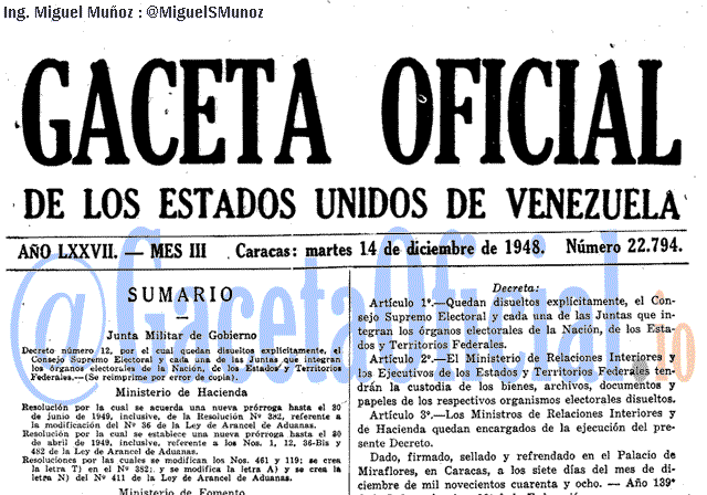 Gaceta Oficial 22794 del 14 Diciembre 1948