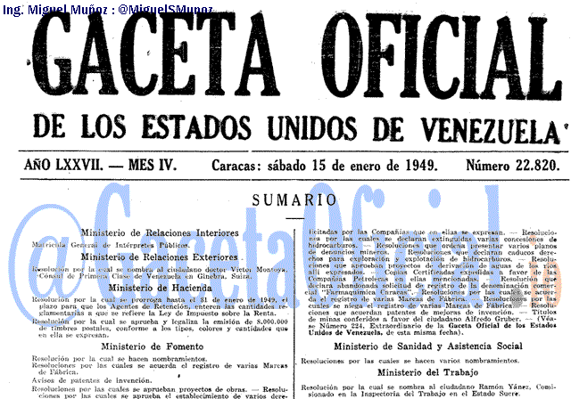 Gaceta Oficial 22820 del 15 Enero 1949