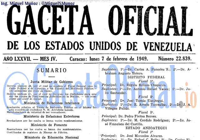 Gaceta Oficial 22839 del 7 Febrero 1949