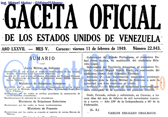 Gaceta Oficial 22843 del 11 Febrero 1949