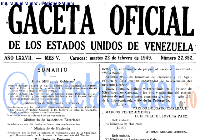 Gaceta Oficial 22852 del 22 Febrero 1949