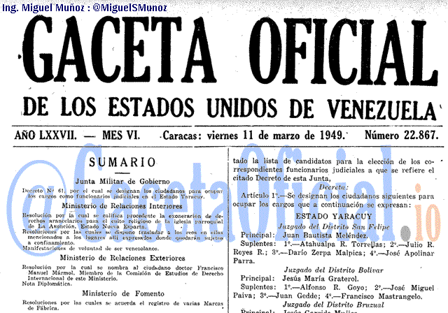 Gaceta Oficial 22867 del 11 Marzo 1949