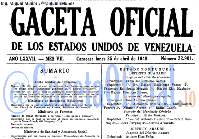 Gaceta Oficial 22901 del 25 Abril 1949