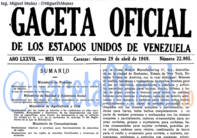 Gaceta Oficial 22905 del 29 Abril 1949