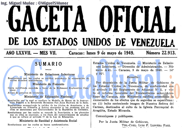 Gaceta Oficial 22913 del 9 Mayo 1949