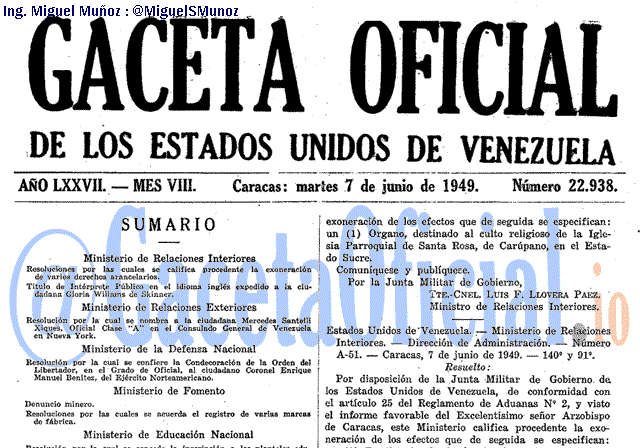 Gaceta Oficial 22938 del 7 Junio 1949