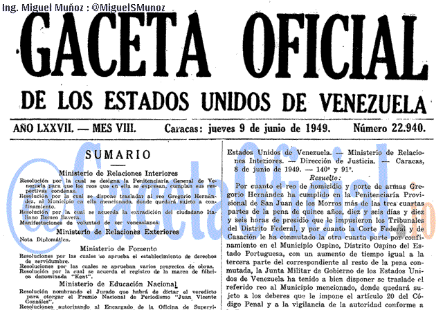 Gaceta Oficial 22940 del 9 Junio 1949