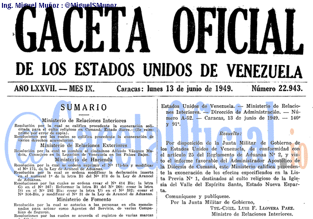 Gaceta Oficial 22943 del 13 Junio 1949