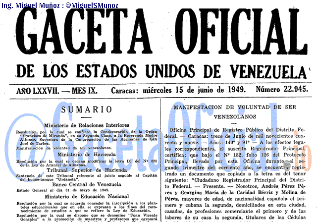 Gaceta Oficial 22945 del 15 Junio 1949