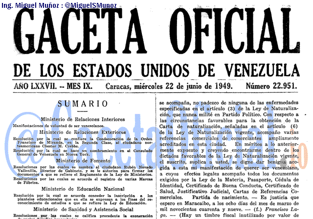 Gaceta Oficial 22951 del 22 Junio 1949