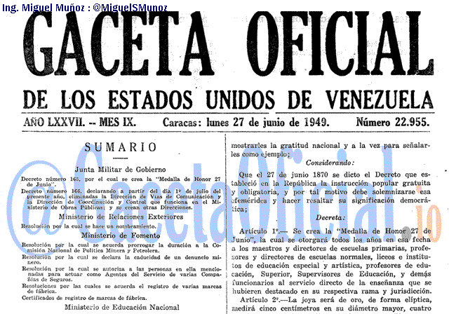 Gaceta Oficial 22955 del 27 Junio 1949