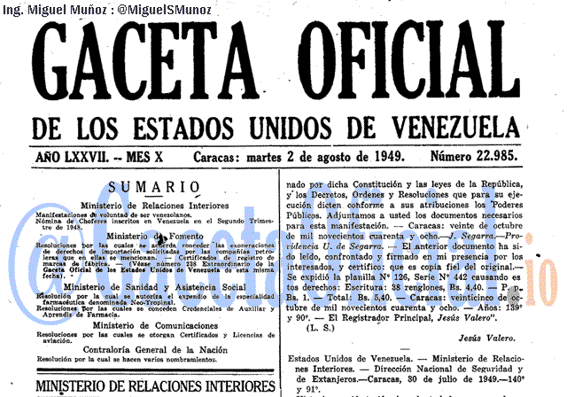 Gaceta Oficial 22985 del 2 Agosto 1949