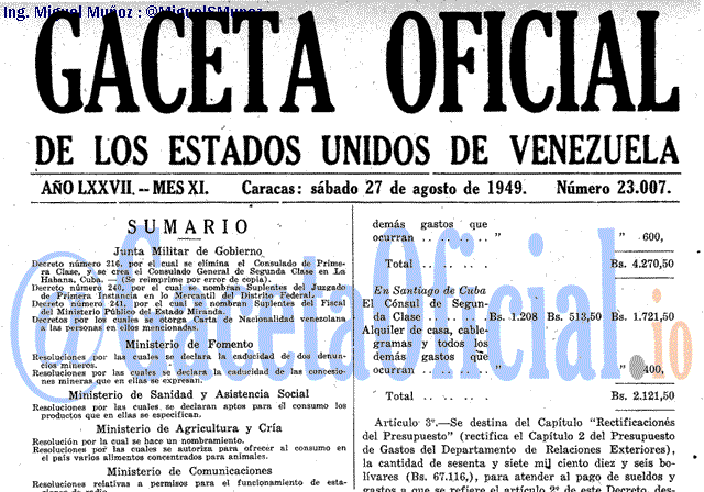 Gaceta Oficial 23007 del 27 Agosto 1949
