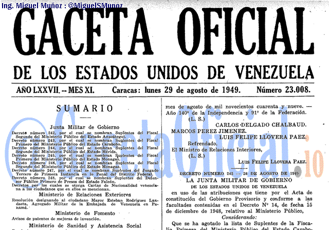 Gaceta Oficial 23008 del 29 Agosto 1949