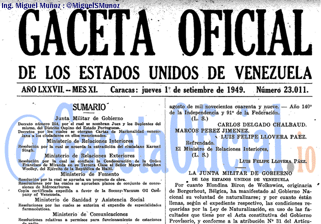Gaceta Oficial 23011 del 1 Septiembre 1949