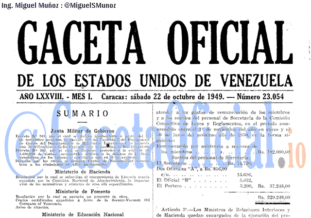 Gaceta Oficial 23054 del 22 Octubre 1949