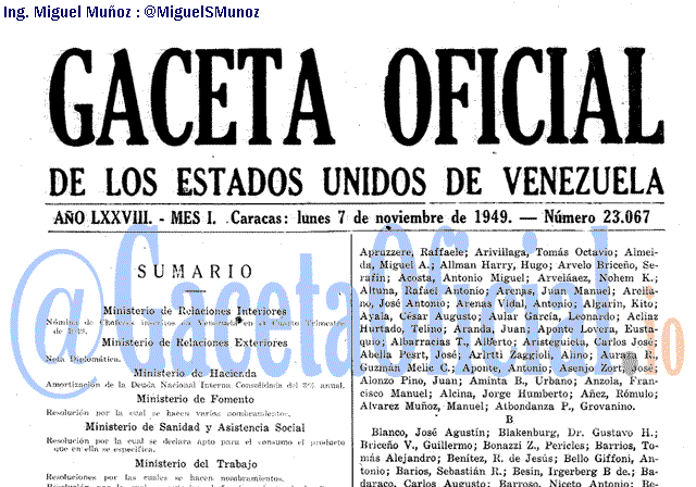 Gaceta Oficial 23067 del 7 Noviembre 1949