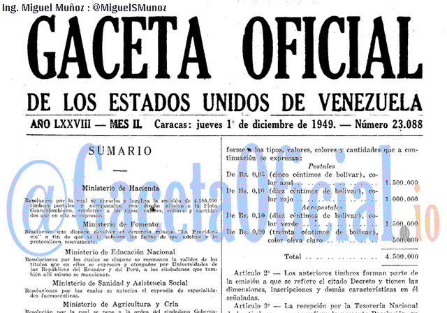 Gaceta Oficial 23088 del 1 Diciembre 1949