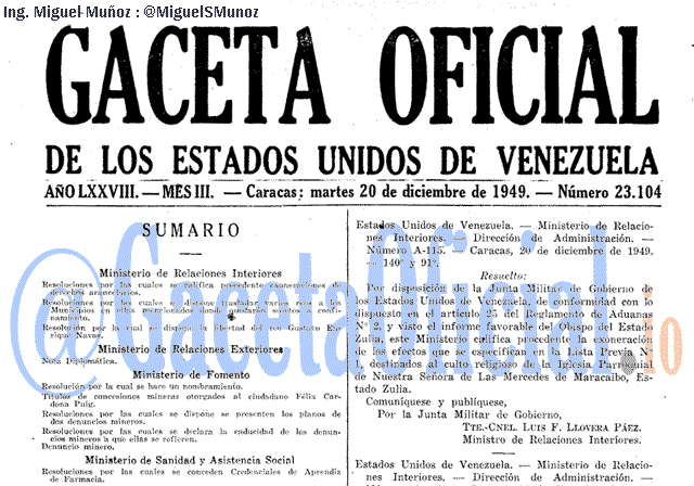 Gaceta Oficial 23104 del 20 Diciembre 1949