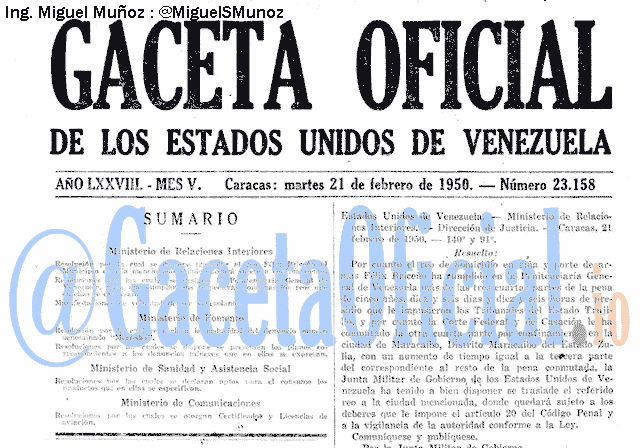 Gaceta Oficial 23158 del 21 Febrero 1950