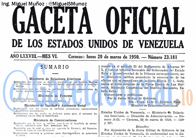 Gaceta Oficial 23181 del 20 Marzo 1950