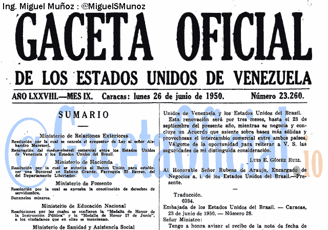 Gaceta Oficial 23260 del 26 Junio 1950